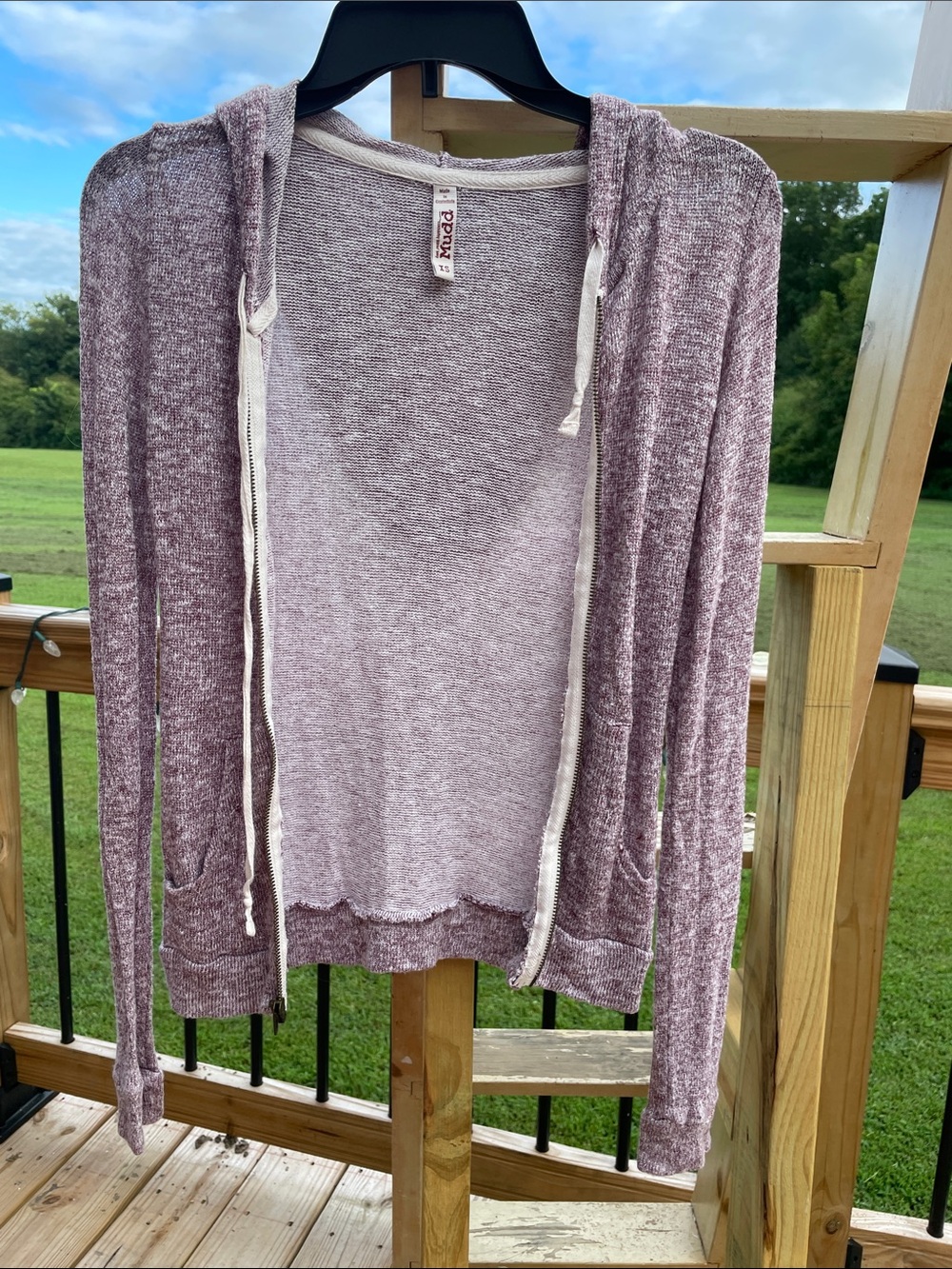 Mudd Open-Front Hooded Cardigan in Mauve Heather